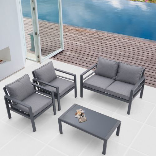 4-piece Aluminum Outdoor Patio Conversation Set,All-Weather Sectional Sofa Outside Furniture with Removable Cushions and Tempered Glass Coffee Table f 4-piece Aluminum Outdoor Patio Conversation Set,All-Weather Sectional Sofa Outside Furniture with Removable Cushions and Tempered Glass Coffee Table f