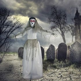 Haunted Hill Farm Zombie Bride with Pop-Up Head and Light-Up Eyes (Style: 64" Standing Bride)