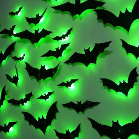 36 Pack Halloween Bats Wall Decor â€“ Lighted 3D Bat Stickers Assorted Size for Halloween Party, Bedroom Window Decorations (Color: Green)